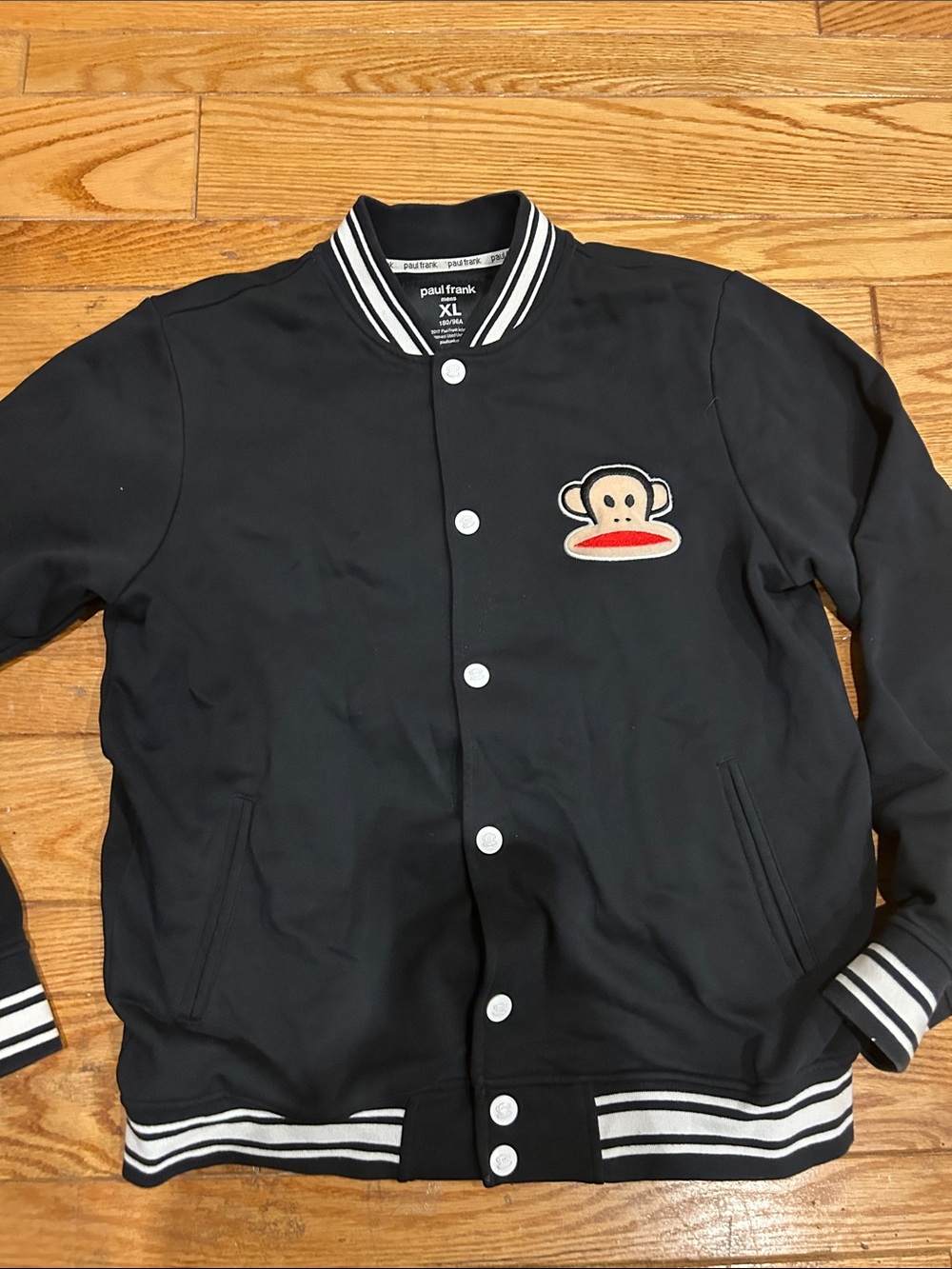 Paul Frank Black Varsity Jacket with Monkey Logo and White Trim